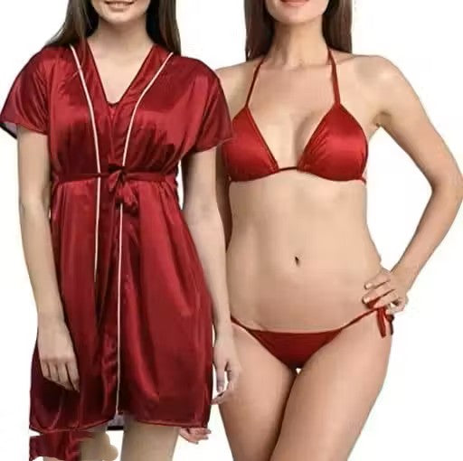 Premium Satin Lace Babydoll Night Dress for Women | Honeymoon Nighty & Nightdress (Short Sleeves)